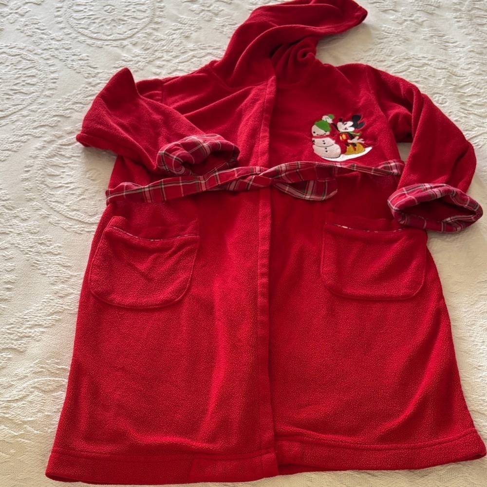 Gently Loved Red Hooded Robe with Embroidered Snowman & Vintage Mickey “Unisex”